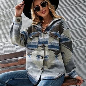 Geo Pattern Button Front Pocket Coat